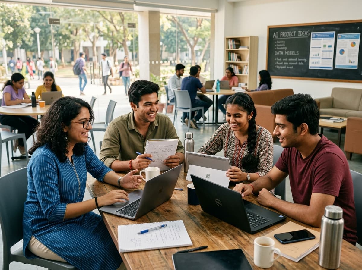 Indian students collaborating in a contemporary learning and technology environment