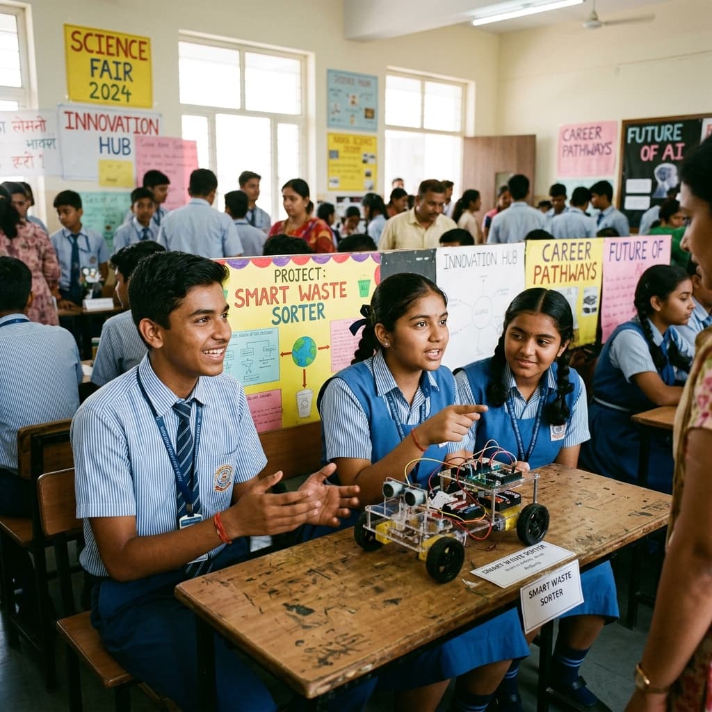 Indian high school students exploring career projects and future technology exhibition